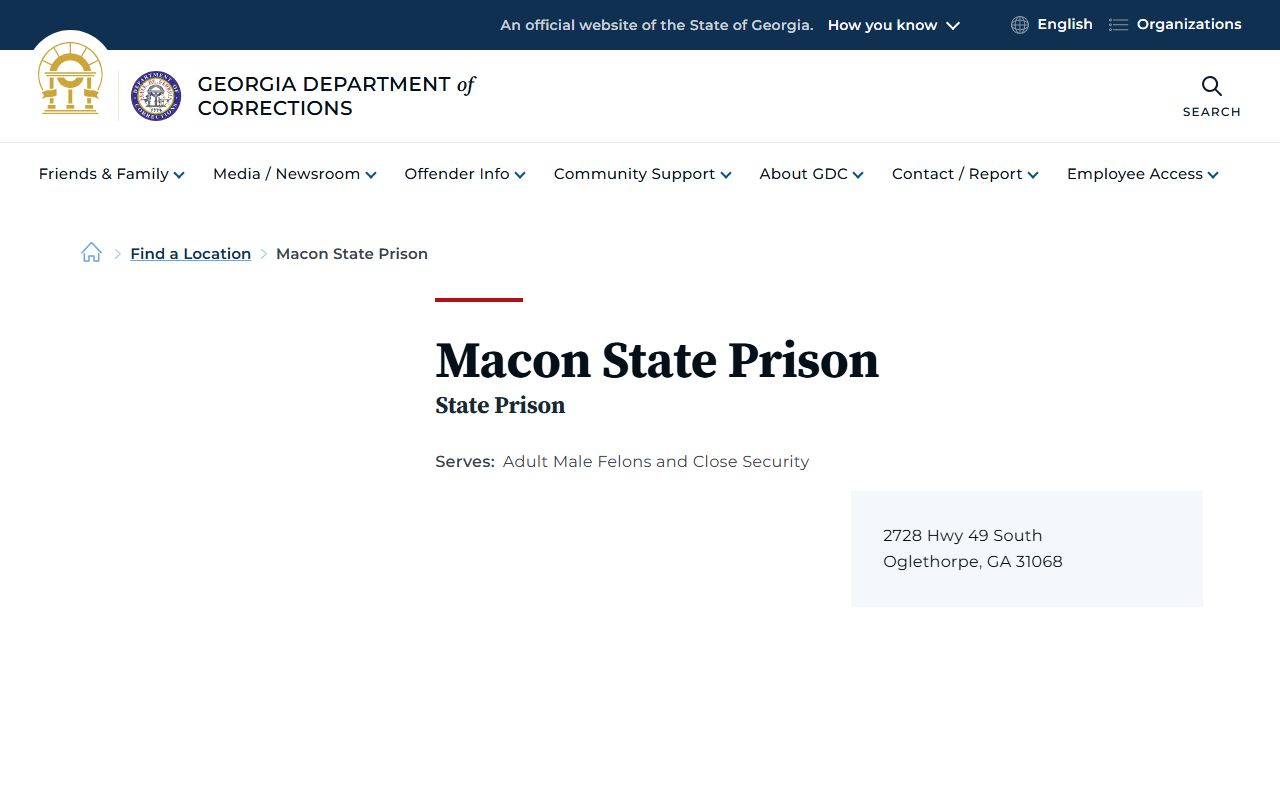 Macon State Prison GDC facility page for inmate population and programs