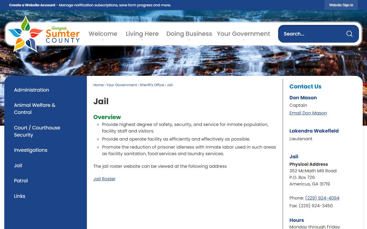 Official Sumter County Jail page for Macon County detainee lookup